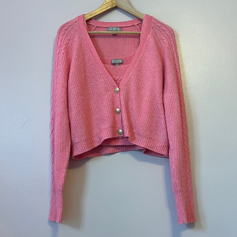 J Crew Supersoft Cropped Cable Knit Sweater Cardigan Tank Set Wool Pink Medium - Picture 6 of 16